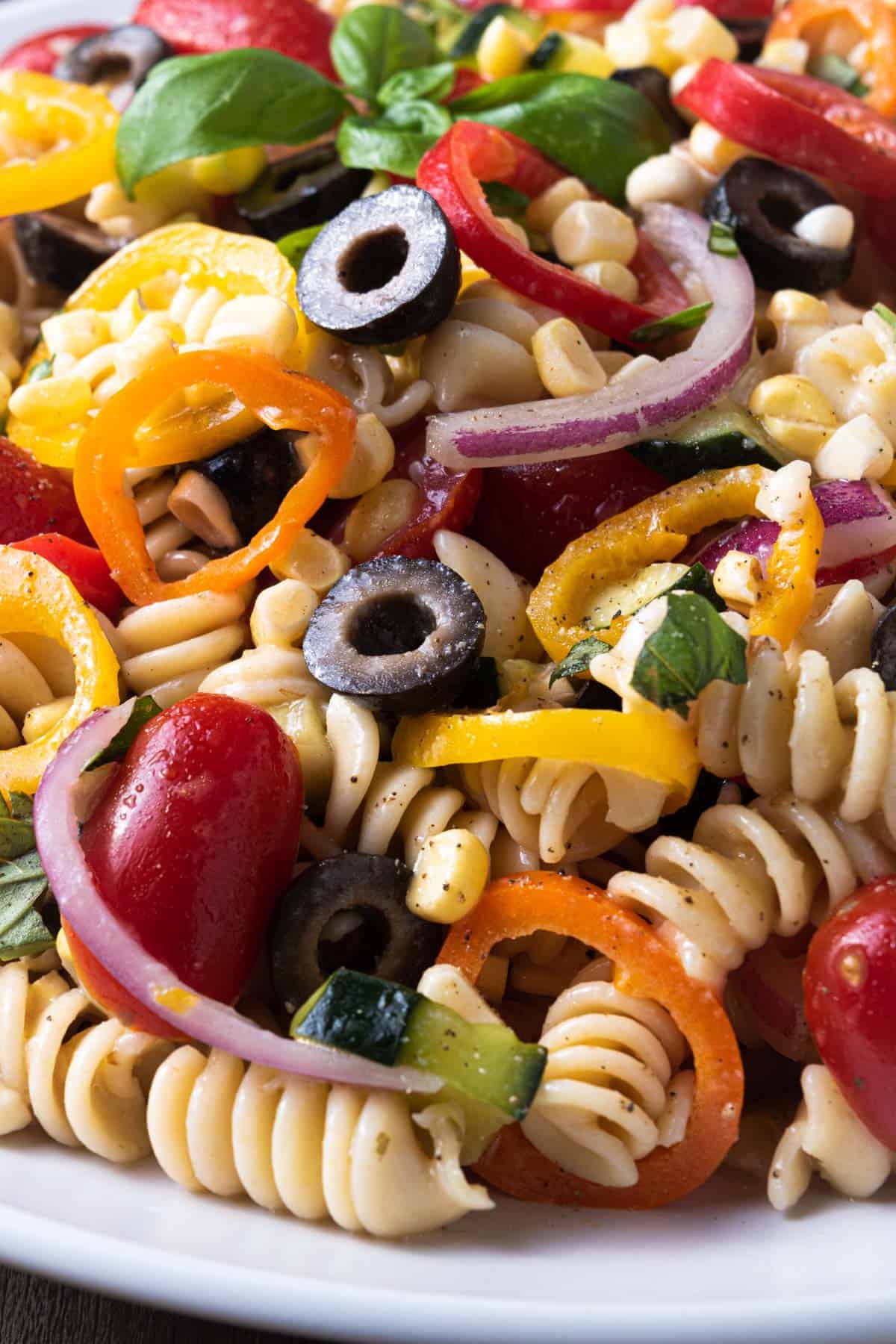 Close up of summer vegetable pasta salad.