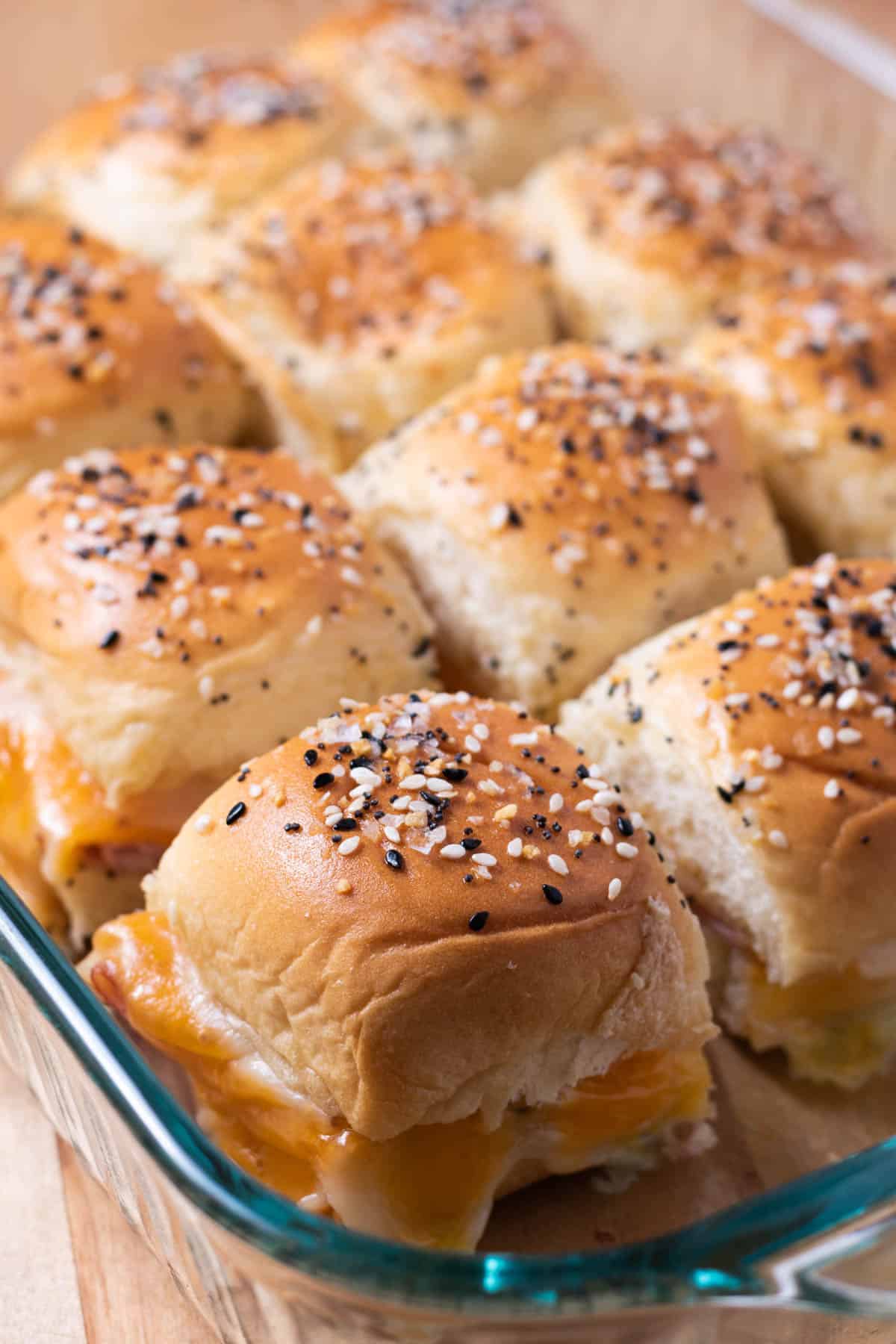 Hot ham delights in a glass baking dish.