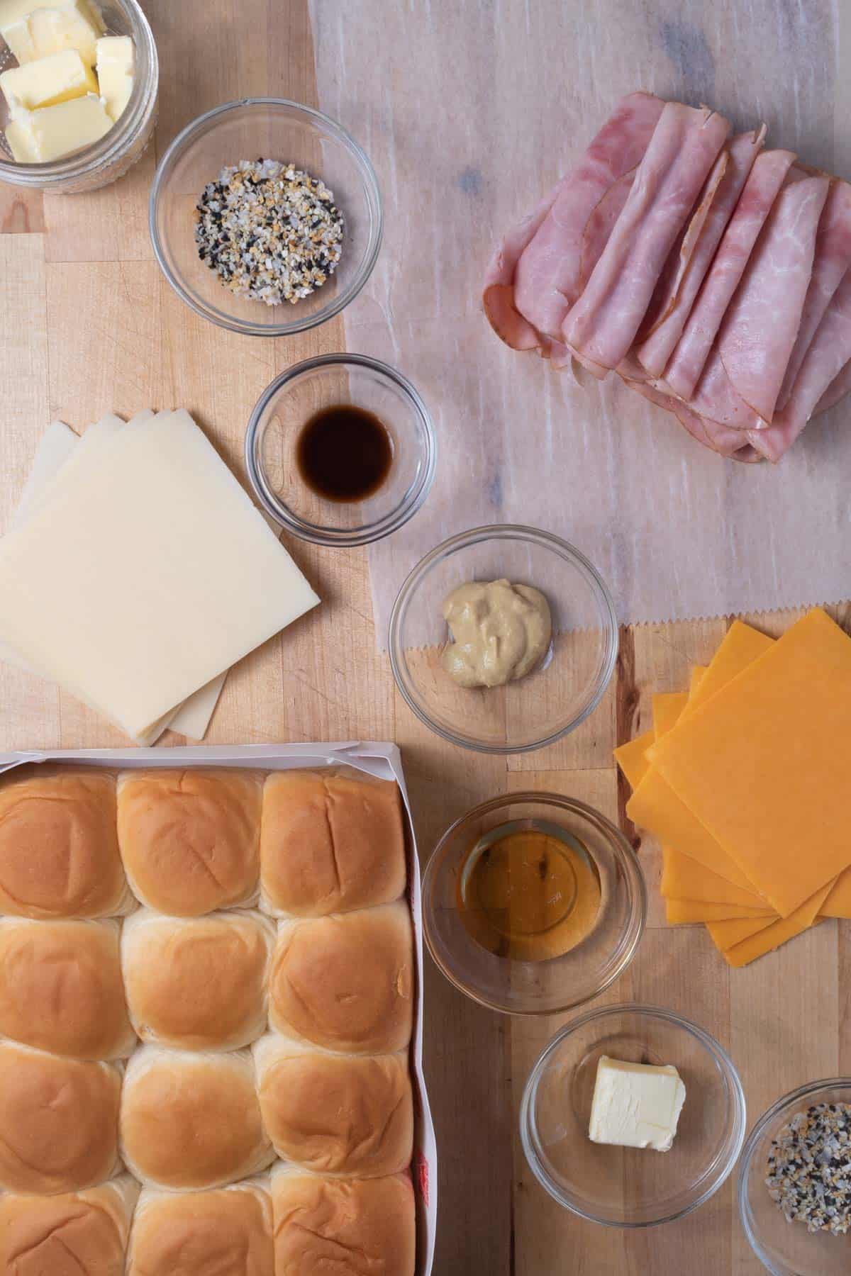 Ingredients for Southern ham delights on a cutting board.