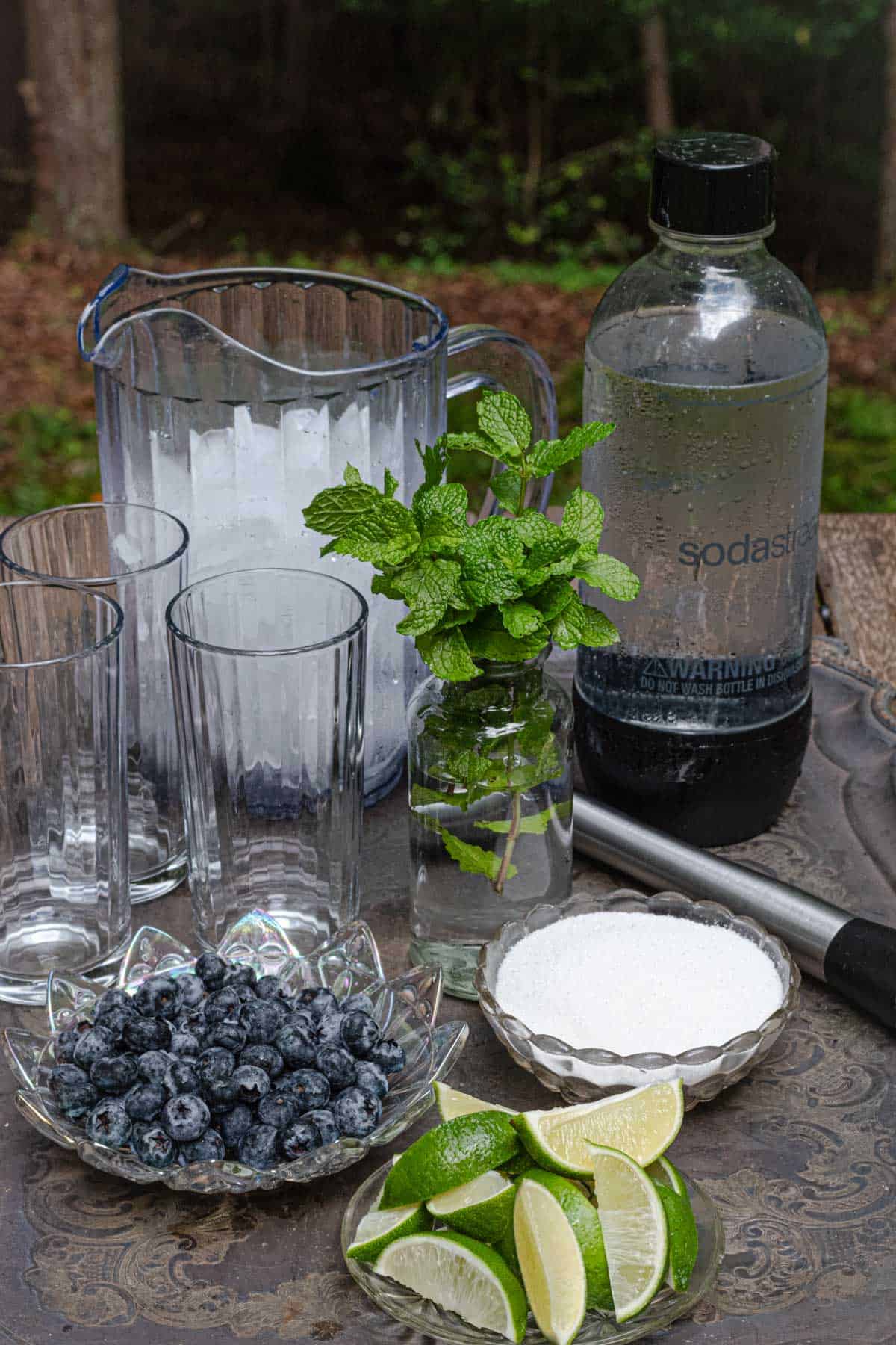 Blueberry mocktail ingredients on a serving tray in the woods.