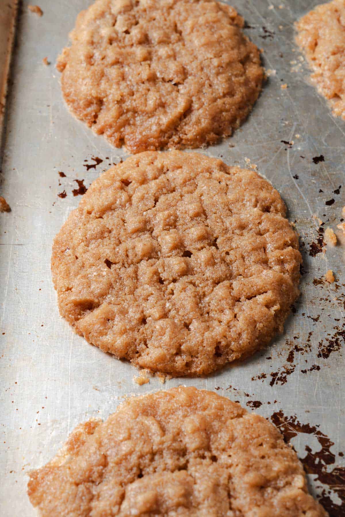 Gluten free and dairy free peanut butter cookies on a sheet pan.