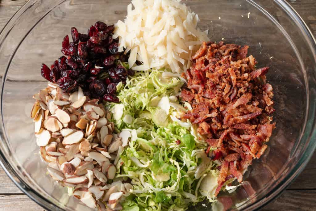 A bowl of shaved brussels sprouts, almonds, cranberries, bacon, and parmesan.