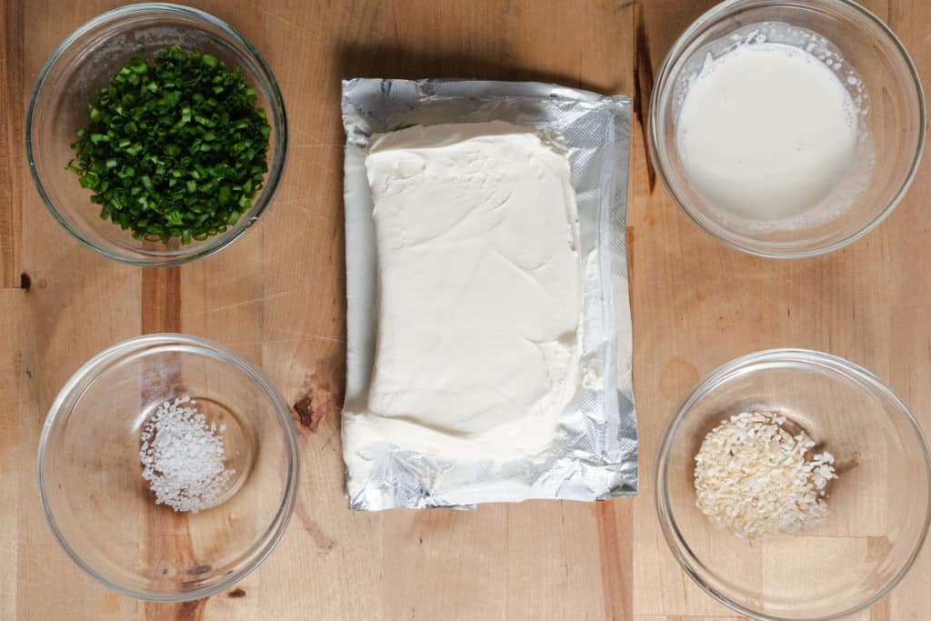 Ingredients for making chive onion cream cheese.