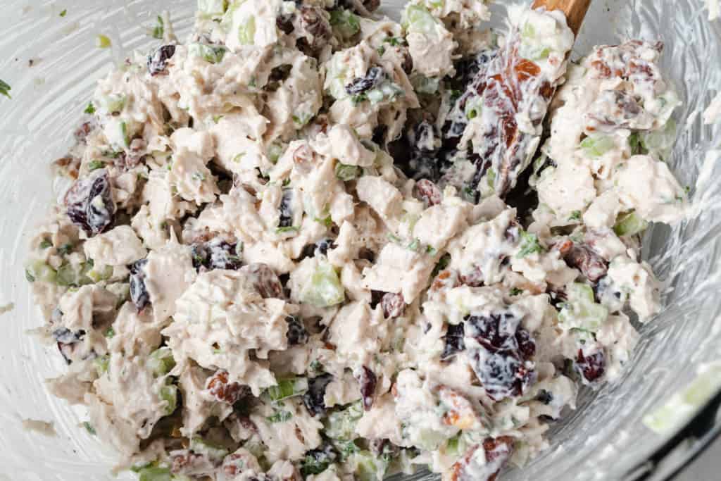 A bowl of chicken salad with herb dressing, celery, craisins, and pecans.