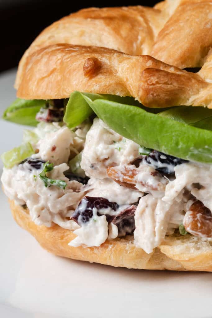 A chicken salad sandwich with cranberries and pecans on a croissant.