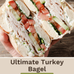 A pin depicting a turkey bagel sandwich.