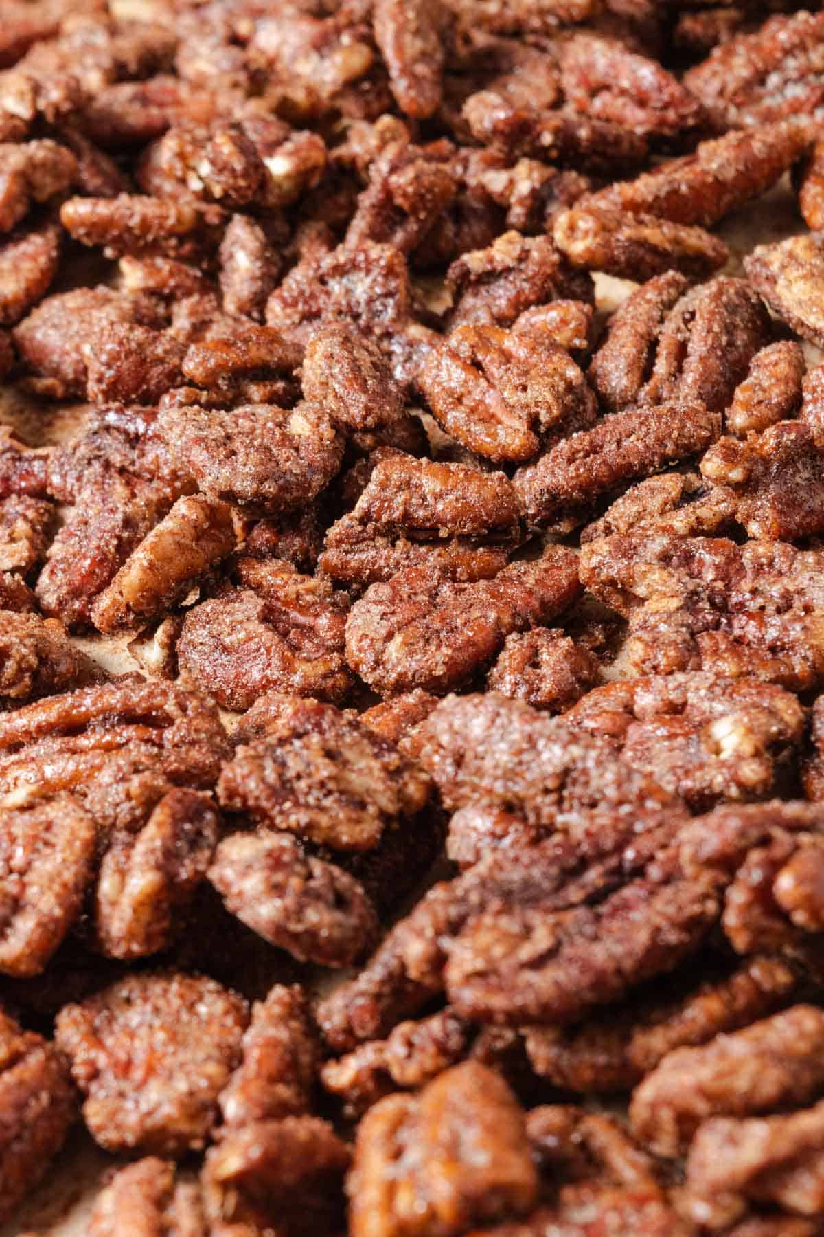 Homemade candied pecans with brown sugar, cayenne, and egg white.