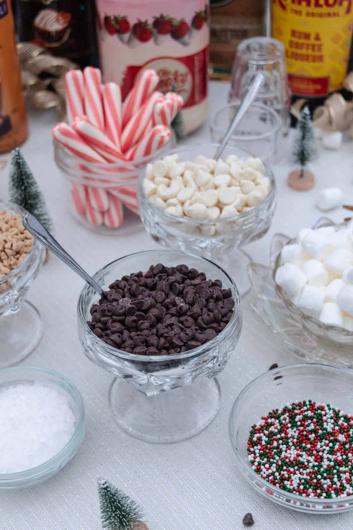 Fancy toppings set up for a DIY hot chocolate station.