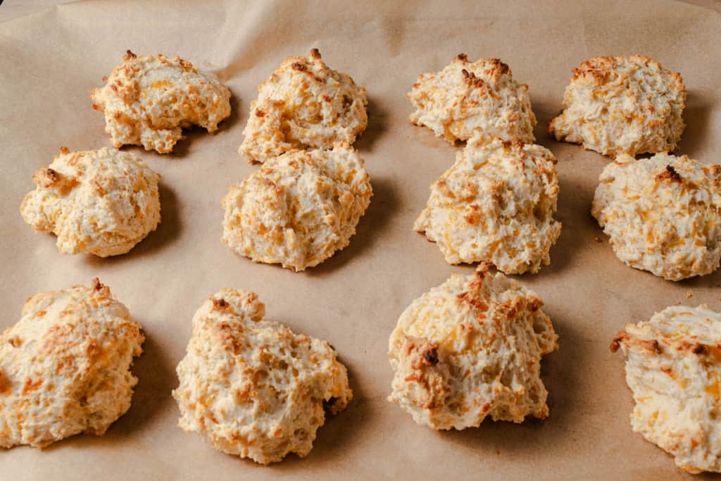 A pan of freshly baked cheddar bay biscuits.