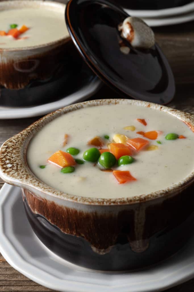 A crock of Dolly Parton's Dixie Stampede style soup.