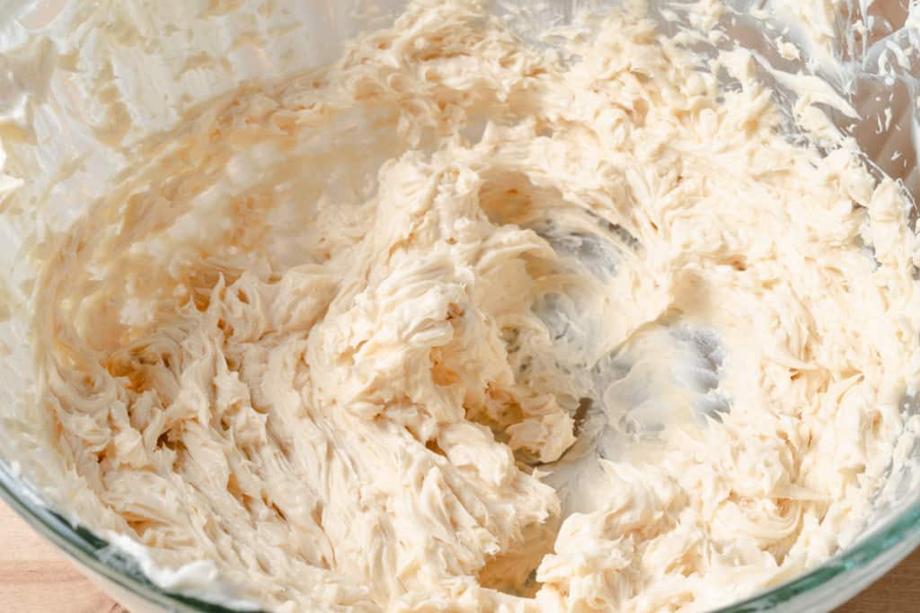 Whipped honey butter in a mixing bowl.