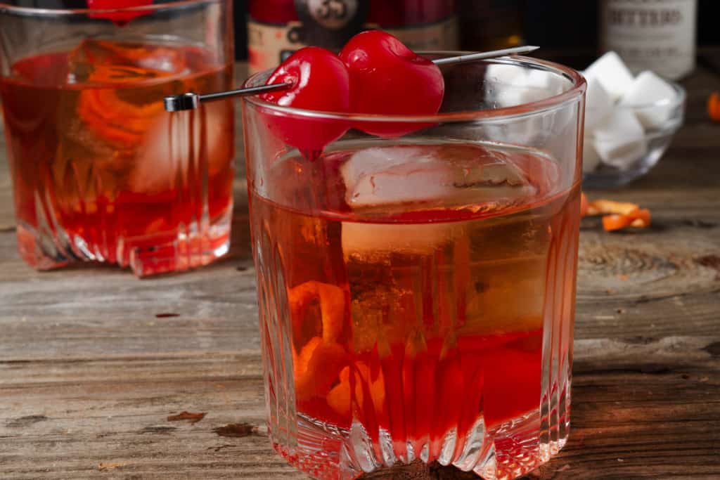 A cherry and chocolate old fashioned cocktail.