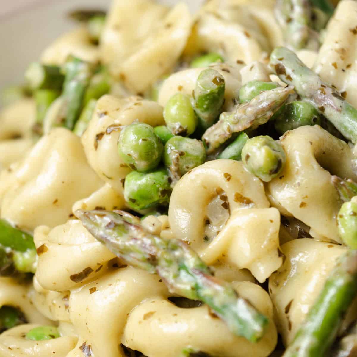 A bowl of tortellini with asparagus, peas, and a pesto cream sauce.