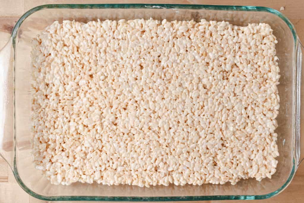 A pan of homemade rice krispies treats.