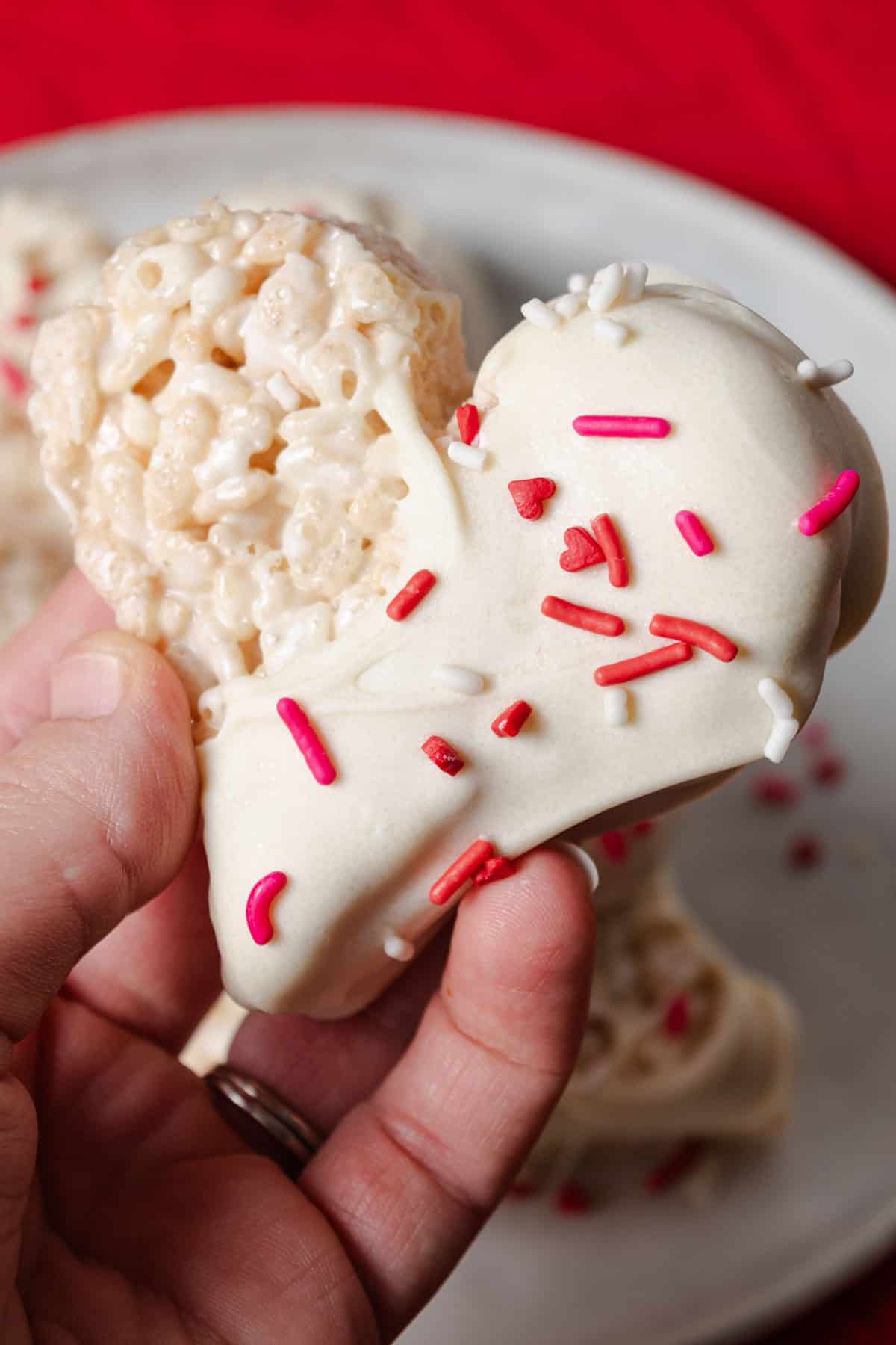 A white chocolate covered Rice Krispie's valentine treat.