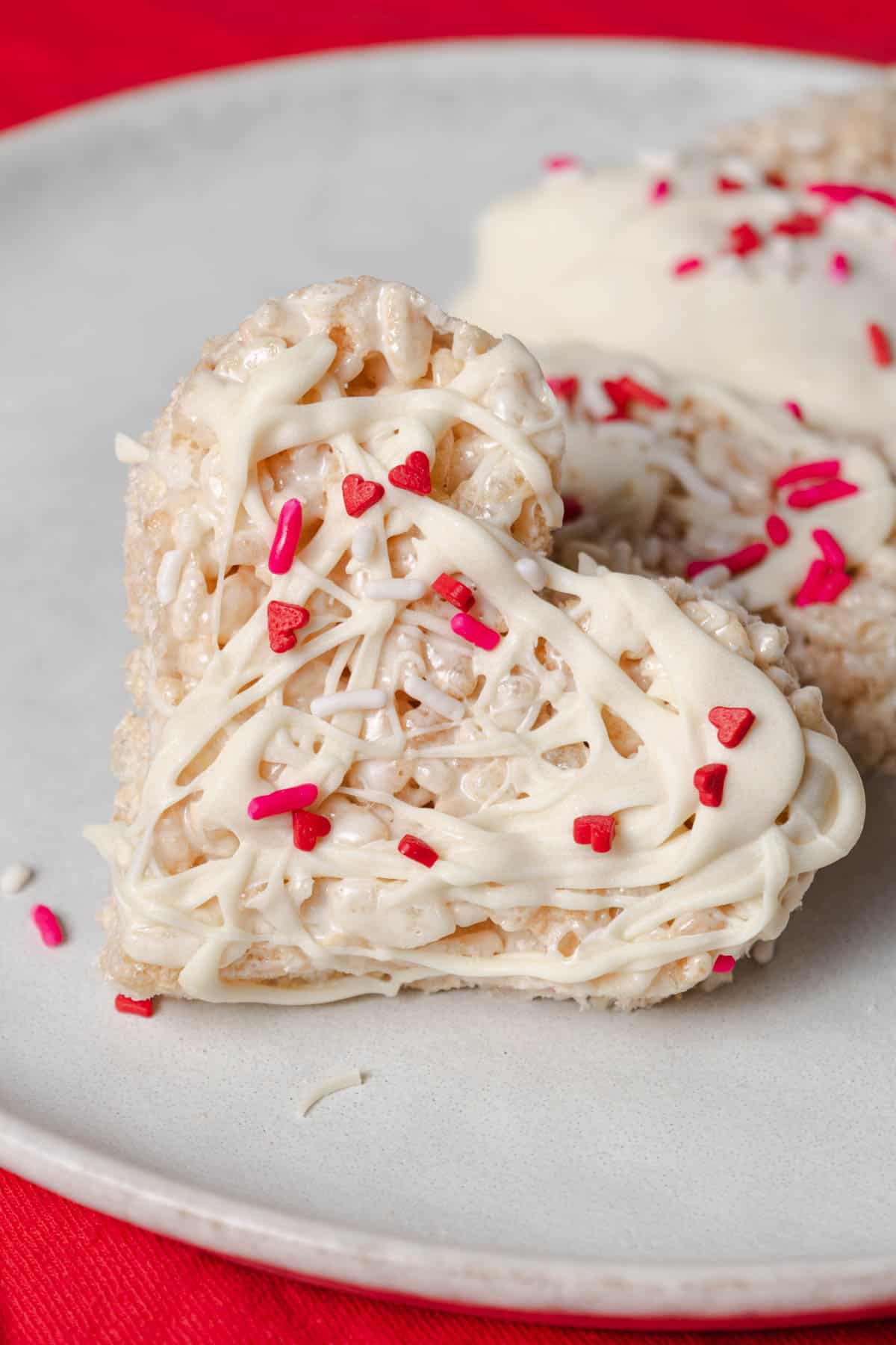 White chocolate covered Rice Krispies valentine treats.
