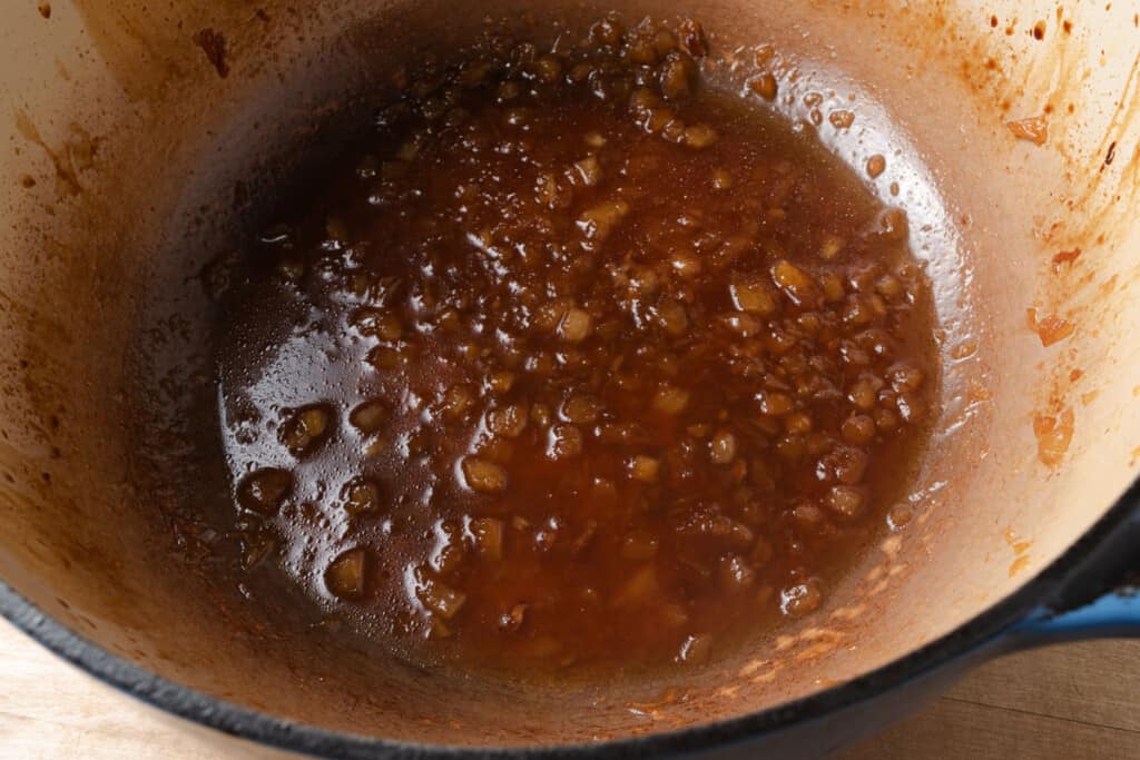 3-ingredient ham glaze in a Dutch oven.