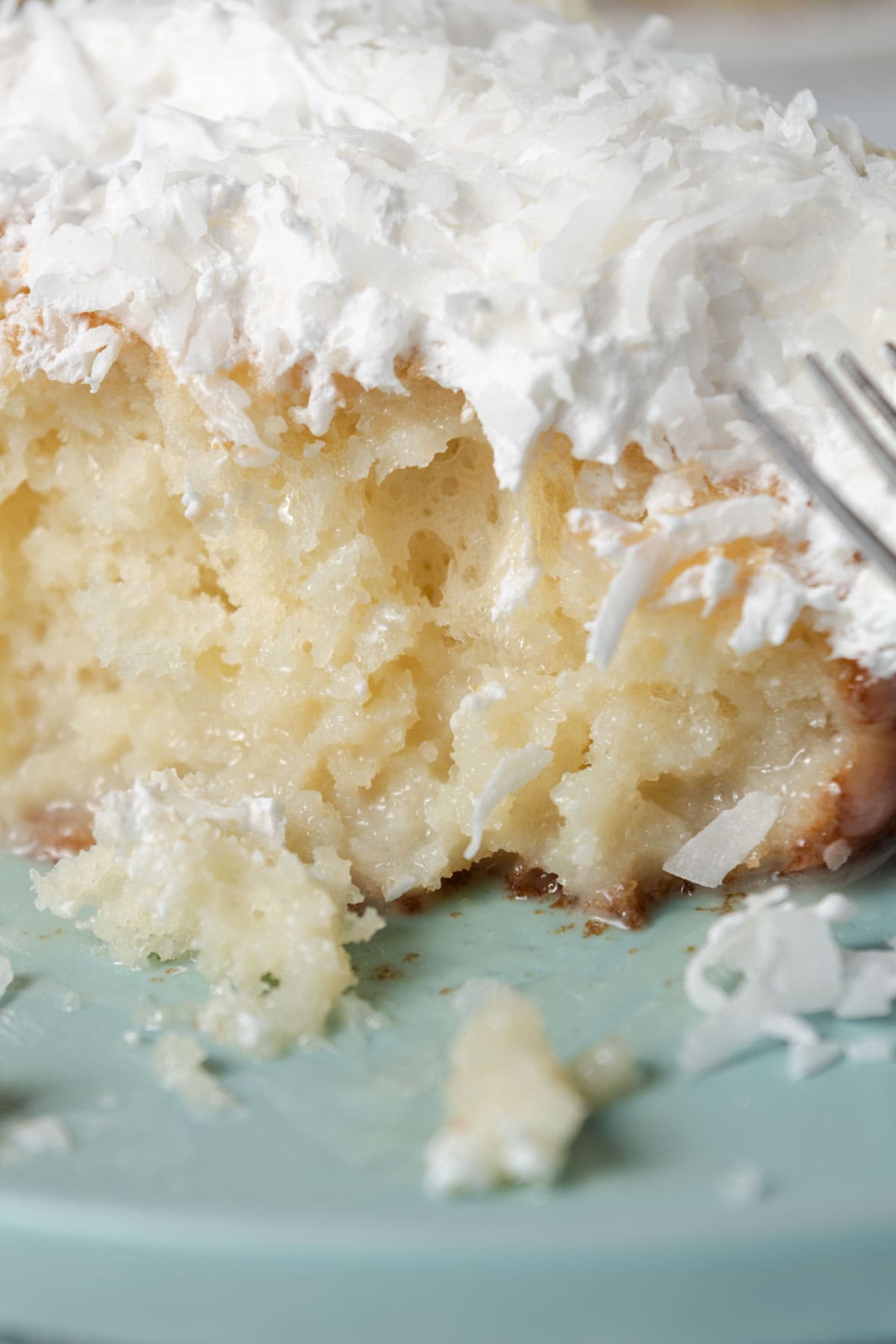 A plate of gooey wet coconut cake.