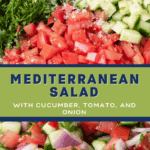 A pin depicting Mediterranean cucumber and tomato salad.