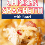 A pin depicting chicken spaghetti with Rotel.