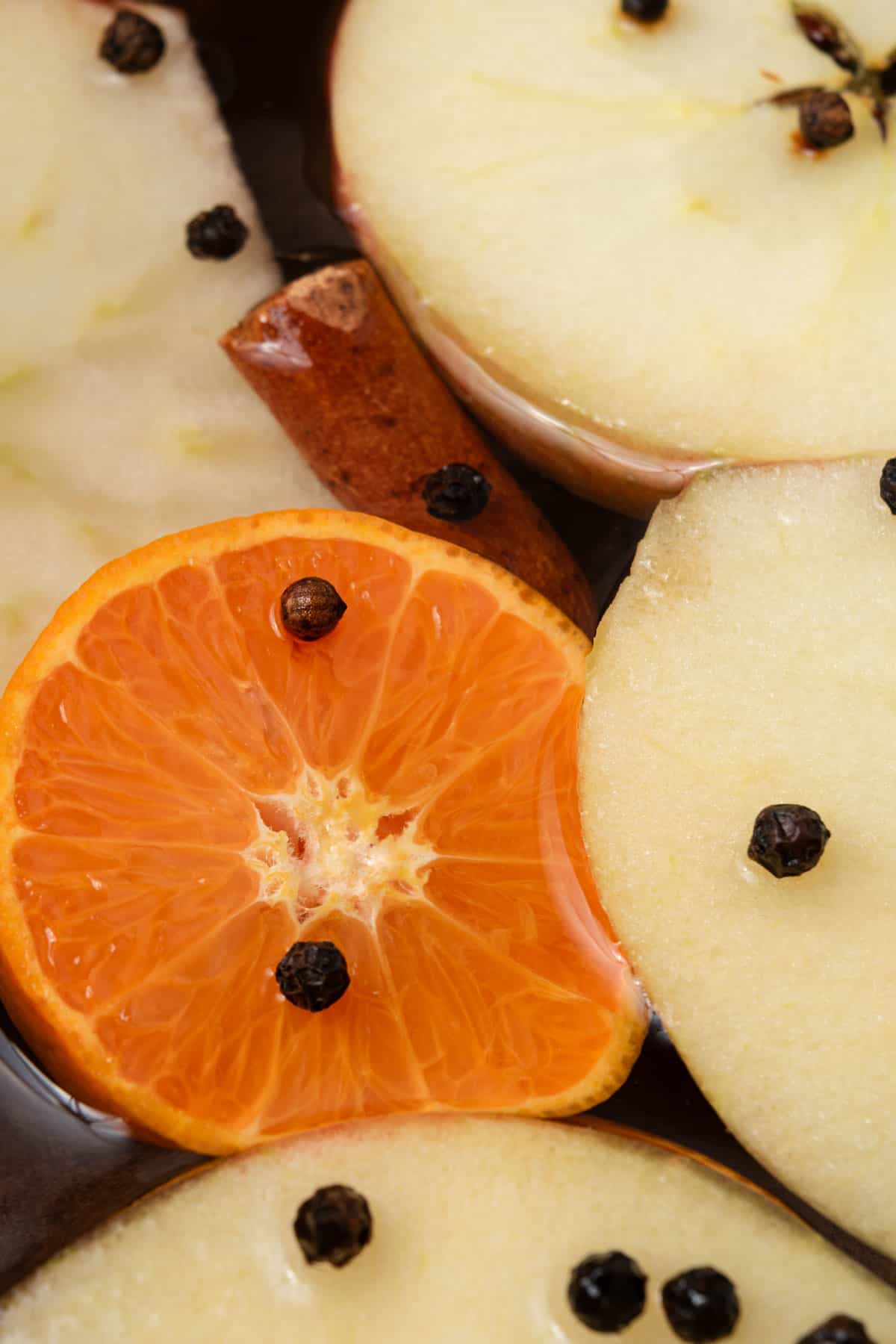 Apples, oranges, cinnamon sticks, peppercorns, cloves, ginger, and vanilla in a Dutch oven of water.