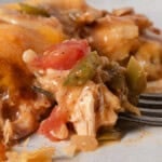 A bite of king ranch casserole on a fork.