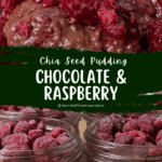 A pin depicting raspberry and chocolate chia seed pudding.