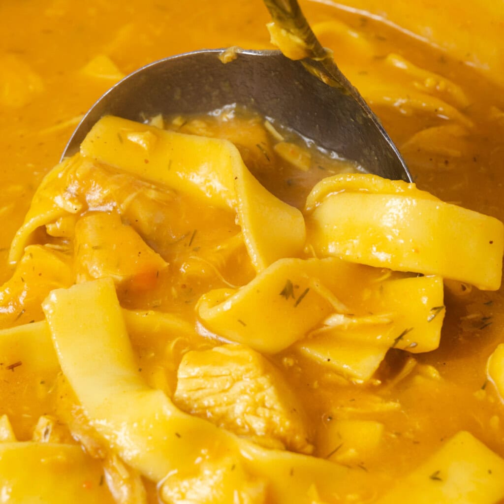 Using a ladle to scoop up homemade healing chicken noodle soup.