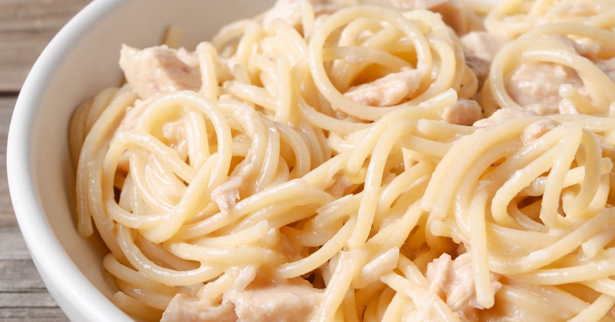 Swirls of spaghetti tossed in a tuna butter sauce.
