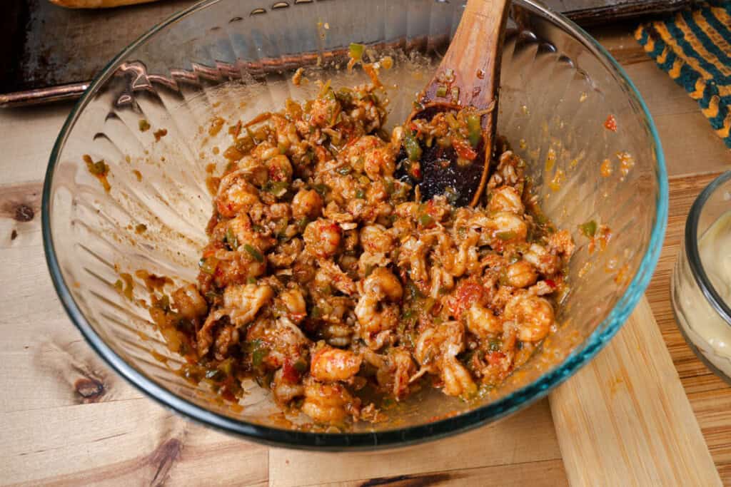 A bowl of creole crawfish mixture.