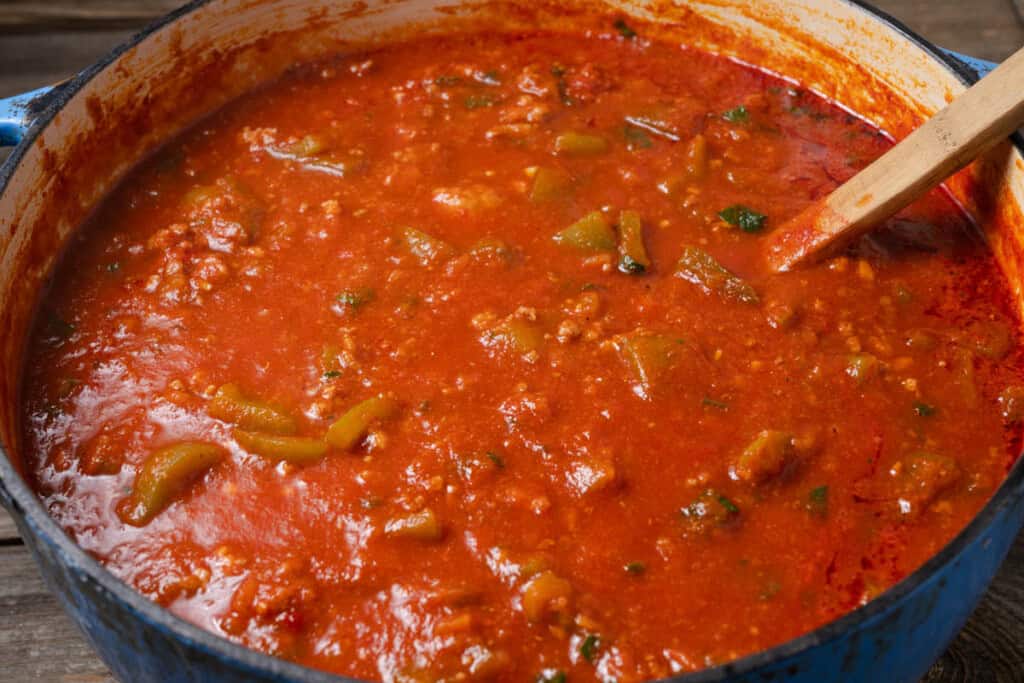 A pot of stuffed pepper soup.