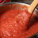 A pot of homemade pizza sauce.